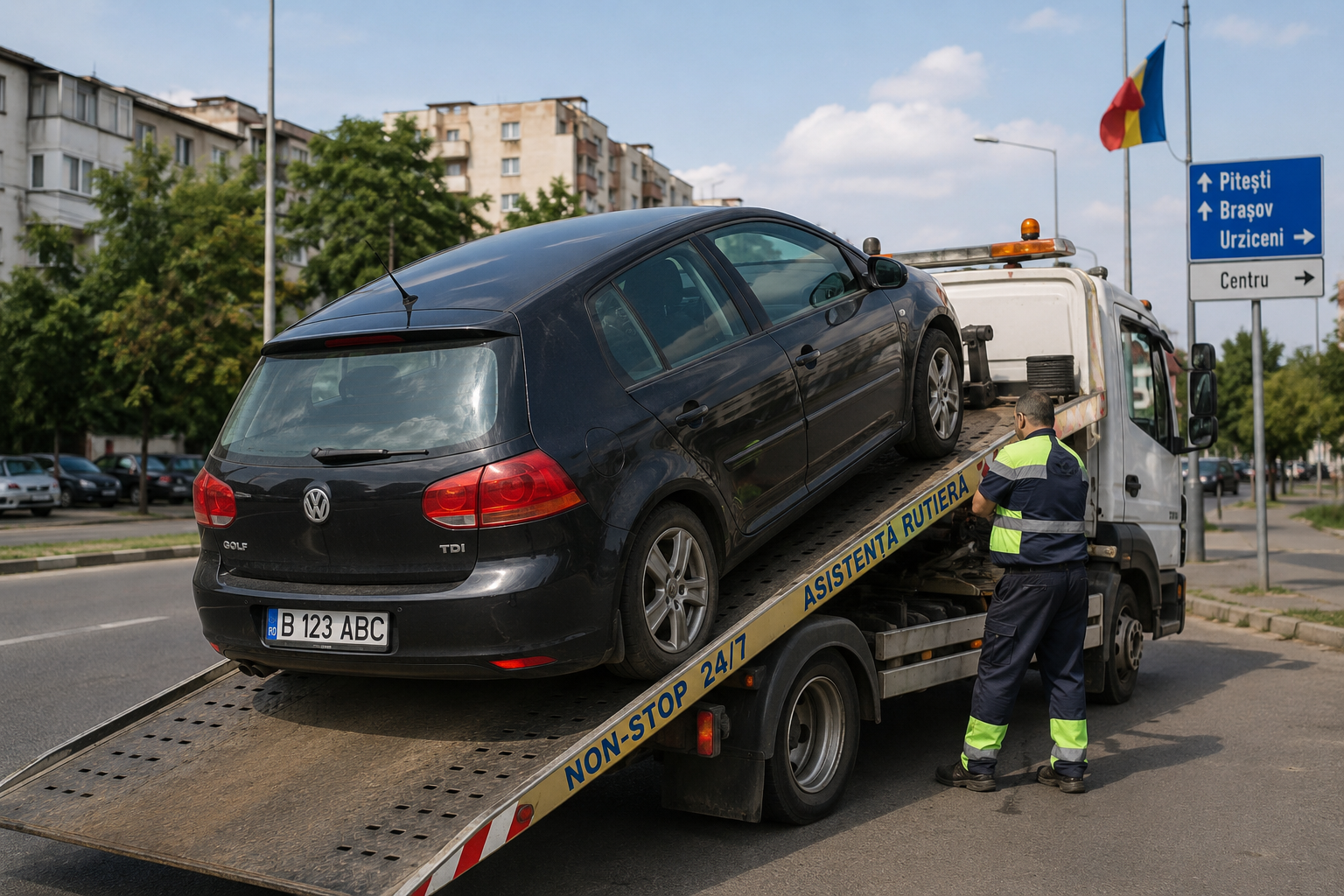 Mașină tractată pe platformă